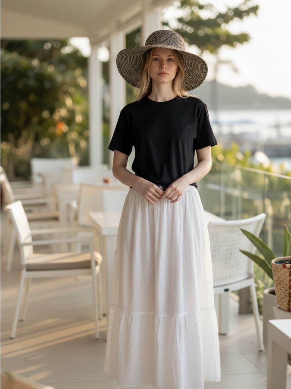 Woven Wide-Brim Hat in Black and Cream - Classic Women's Sun Hat
